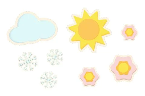 Set of 3D stickers from the sun with different sizes of flowers and cloud with Illustrazione stock