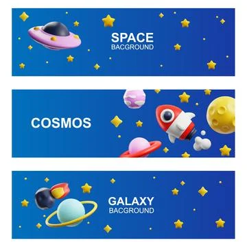 Set of 3d vector banners of space rocket, UFO, meteorite against the background Stock Illustration
