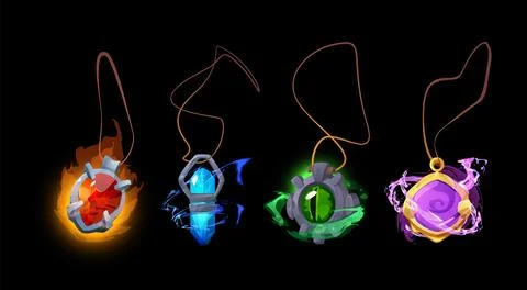 Set of 3D vector game amulets with different stones and crystal on an isolated Stock Illustration