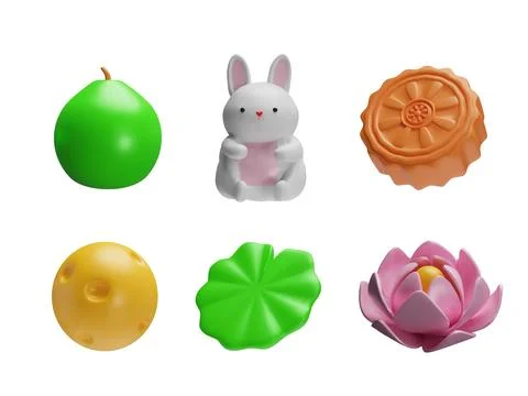Set 3D vector icons mid-autumn festival: a lotus, a rabbit and a moon cake Ilustração Stock