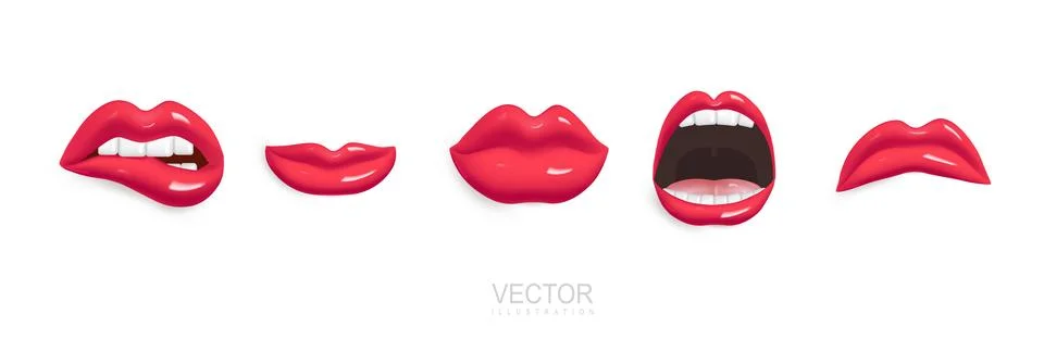 Set 3d vector icons red lips. Sexually bitten lip with teeth. Smile. Open mou Illustrazione stock
