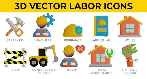Set of 3d Vector Icons Related to Labor, Construction, Labour day, Renovation. Stock Illustration