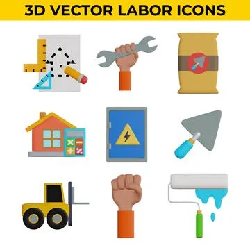 Set of 3d Vector Icons Related to Labor, Construction, Labour day, Renovation. Illustrazione stock