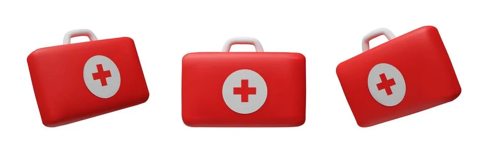 Set of 3D vector medical case, first aid kit, emergency box Stock Illustration