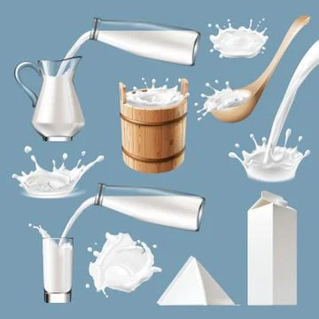 Set of 3D vector milk splash and pouring Stockillustratie