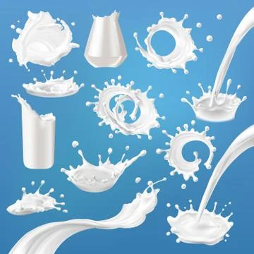 Set of 3D vector milk splash and pouring Stock Illustration
