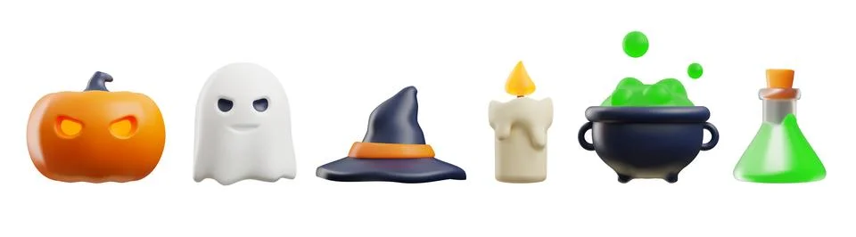 Set of 3d vector render objects of Halloween symbols such as ghost, witch black Illustrazione stock