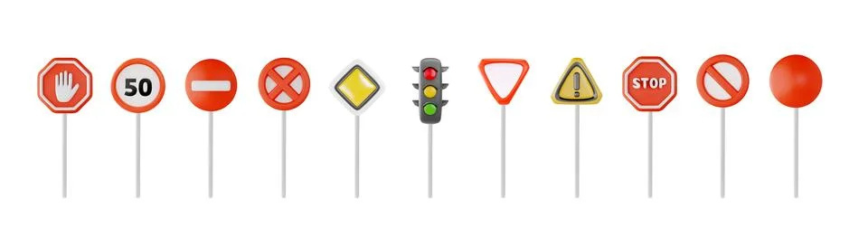 Set of 3D vector traffic control signs on isolated background. Stock Illustration