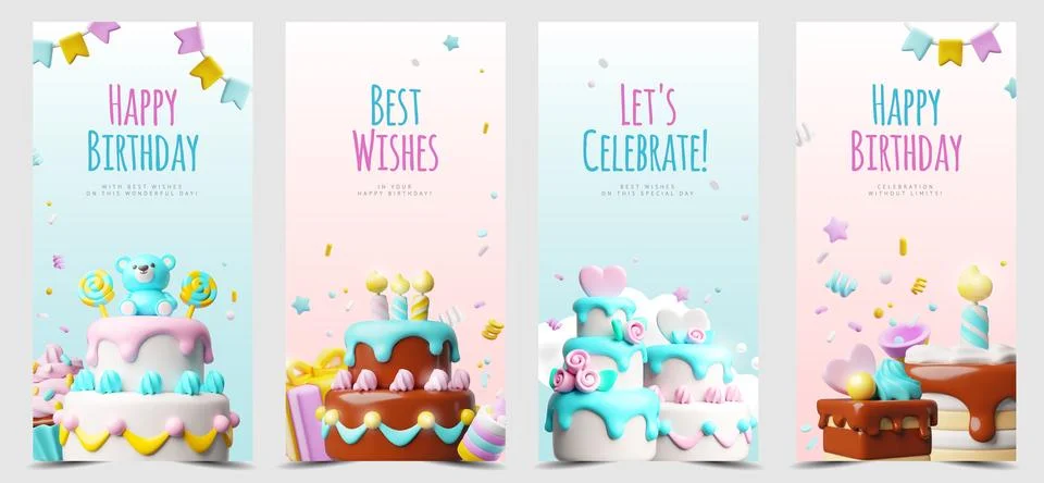 A set of 3D vertical posters with cakes, candles, lollipops, cream, flags, and Illustrazione stock