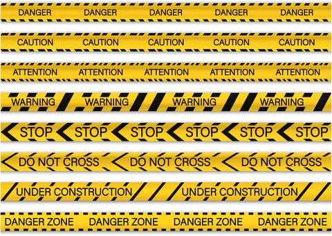 Set of 3D warning tapes with reflective effect and warning text. Perfect for use Stock Illustration