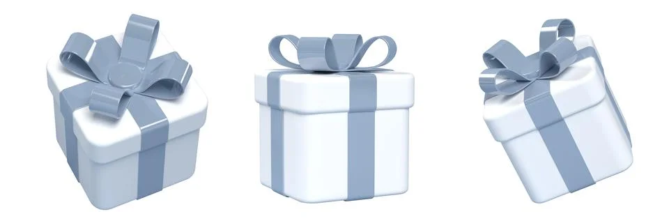 Set of 3d white gift boxes, glossy blue ribbon Ilustración de archivo