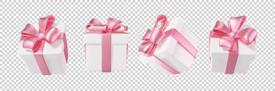 Set of 3d White Gift boxes with pink ribbons Stock Illustration