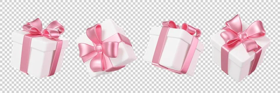 Set of 3d White Gift boxes wrapped with pink ribbons Stock Illustration