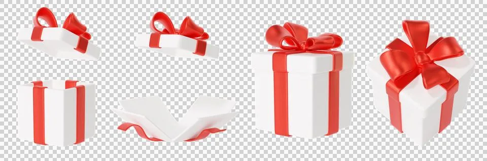 Set of 3d white gift boxes tied with bright red satin ribbons Stock Illustration