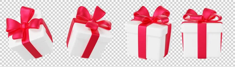 Set of 3d white gift boxes tied with bright red satin ribbons Stock Illustration