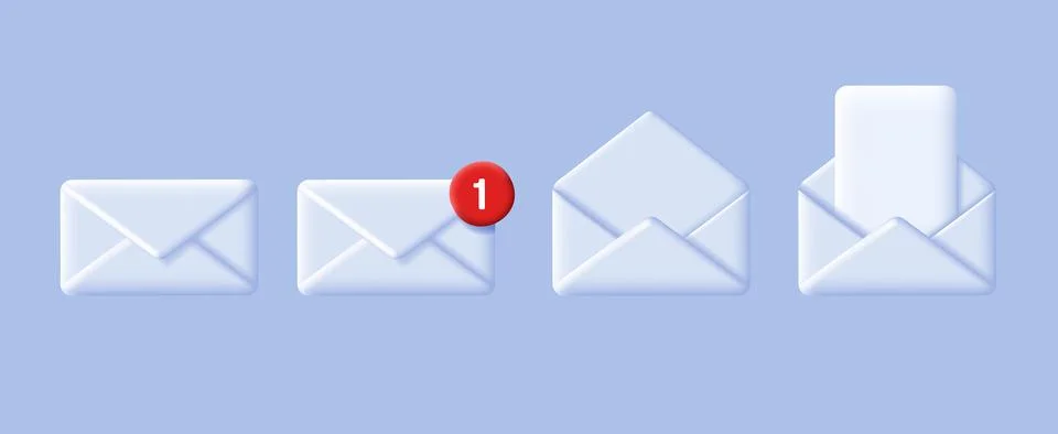Set of 3d white mail envelops, open with document and closed with red dot not Stock Illustration
