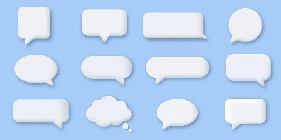 Set of 3D white speech bubbles and thought bubbles of various shapes and size Stock Illustration