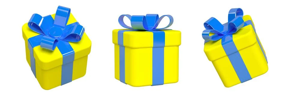 Set of 3d yellow gift boxes, blue glossy ribbon Stock Illustration