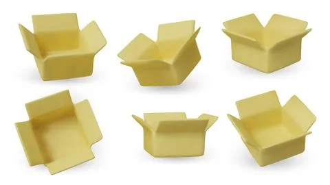 Set of 3D yellow open cardboard boxes in various angles. Realistic packaging Stockillustratie