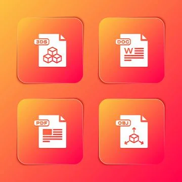 Set 3DS file document, DOC, PDF and OBJ icon. Vector Stock Illustration