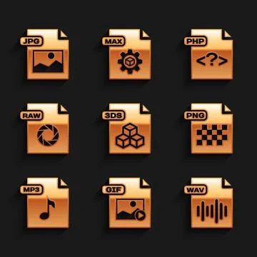 Set 3DS file document, GIF, WAV, PNG, MP3, RAW, PHP and JPG icon. Vector 库存插图