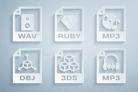 Set 3DS file document, MP3, OBJ, , RUBY and WAV icon. Vector Stock Illustration