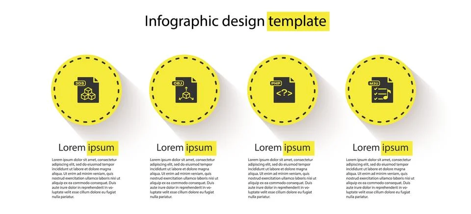 Set 3DS file document, OBJ, PHP and M3U. Business infographic template. Vecto イラスト素材