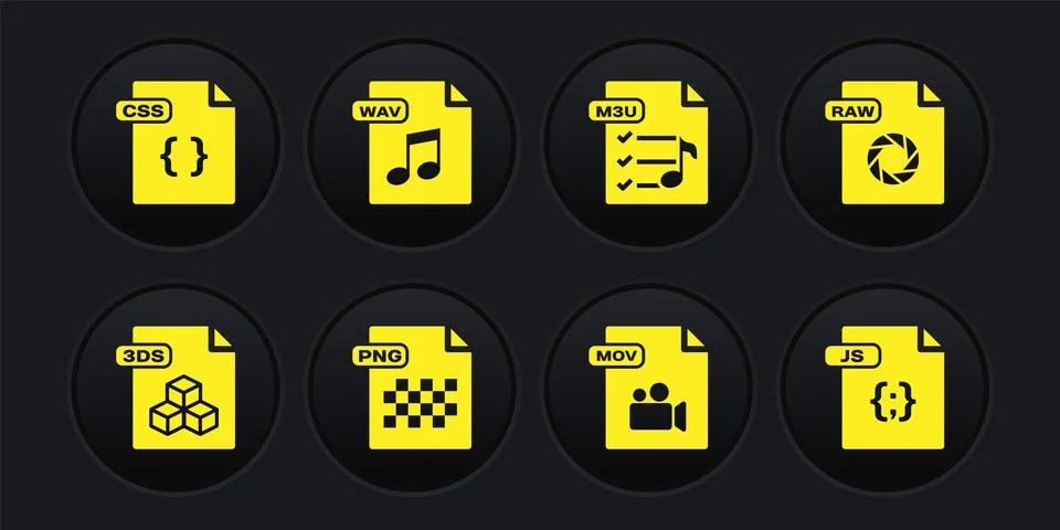 Set 3DS file document, RAW, PNG, MOV, M3U, WAV, JS and CSS icon. Vector 스톡 일러스트