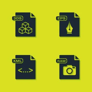 Set 3DS file document, RAW, XML and EPS icon. Vector Stock Illustration