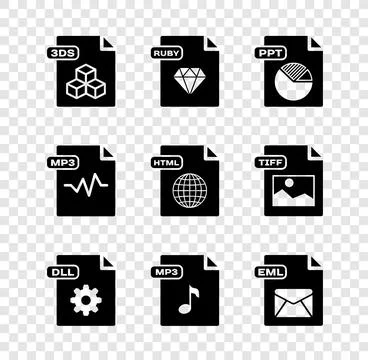 Set 3DS file document, RUBY, PPT, DLL, MP3, EML,  and HTML icon. Vector Illustrazione stock