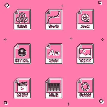 Set 3DS file document, SVG, AVI, HTML, OTF and TIFF icon. Vector 库存插图