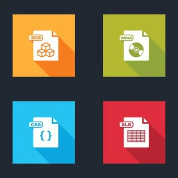 Set 3DS file document, WMA, CSS and XLS icon. Vector Stock Illustration