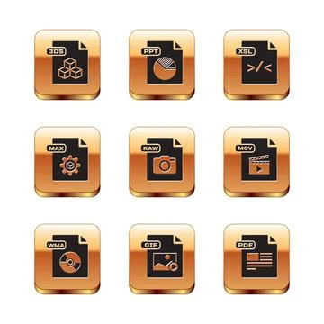 Set 3DS file document, WMA, GIF, RAW, MAX, XSL, PDF and PPT icon. Vector 스톡 일러스트
