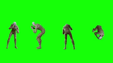 Set 4 in 1 mummy man is afraid and trembling on green screen chroma key full Stock Footage 313228333