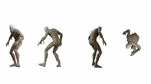 Set 4 in 1 mummy man striding on white screen alfa chenely full length Stock Footage 313228479