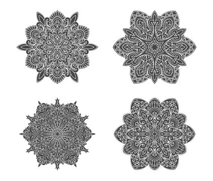 Set of 4 abstract black vector round lace designs - mandalas, decorative elem イラスト素材
