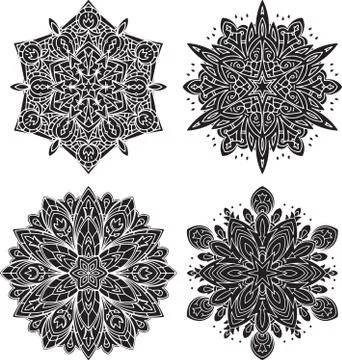 Set of 4 abstract black vector round lace designs - mandalas, decorative elem Stock Illustration
