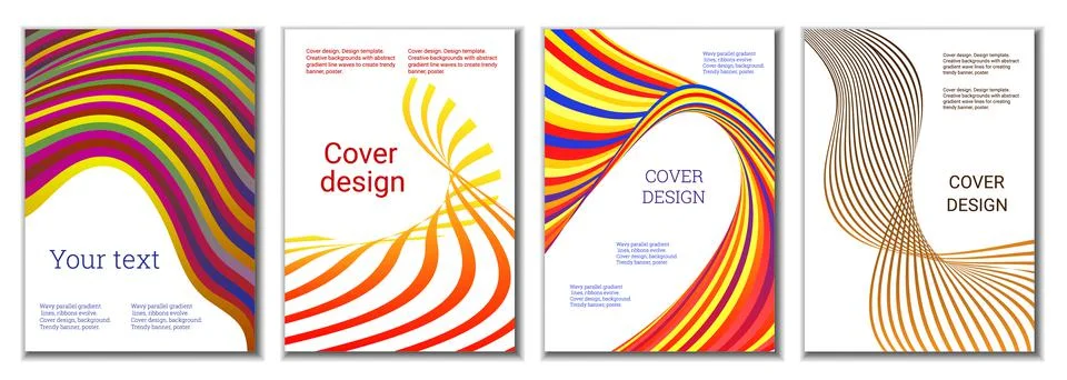 A set of 4 abstract covers. Wavy parallel gradient lines, ribbons evolve. Cov Stockillustratie