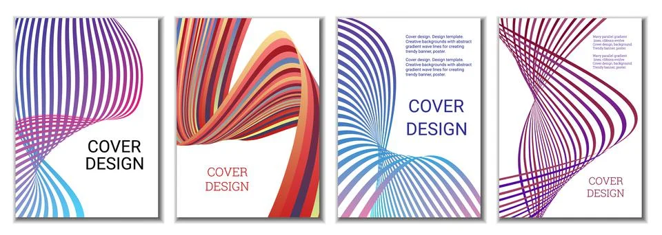 A set of 4 abstract covers. Wavy parallel gradient lines, ribbons evolve. Cov Stock-Illustration