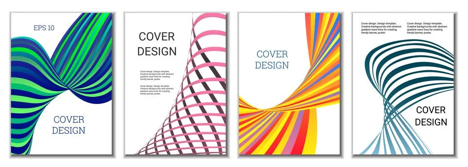 A set of 4 abstract covers. Wavy parallel gradient lines, ribbons evolve. Cov Stock Illustration