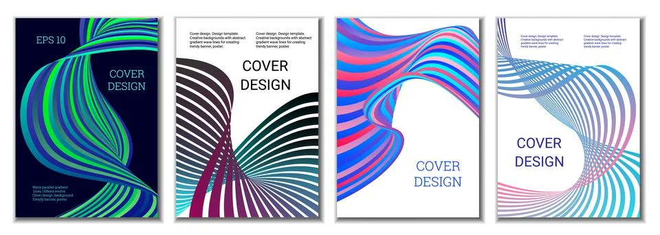 A set of 4 abstract covers. Wavy parallel gradient lines, ribbons evolve. Cov 库存插图