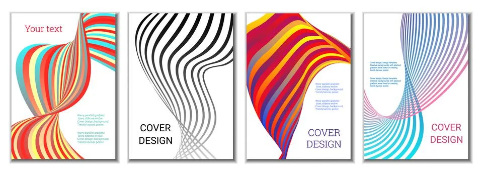 A set of 4 abstract covers. Wavy parallel gradient lines, ribbons evolve. Cov Stock Illustration