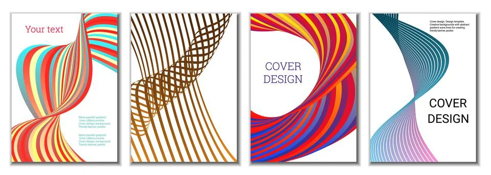 A set of 4 abstract covers. Wavy parallel gradient lines, ribbons evolve. Cov Stockillustratie