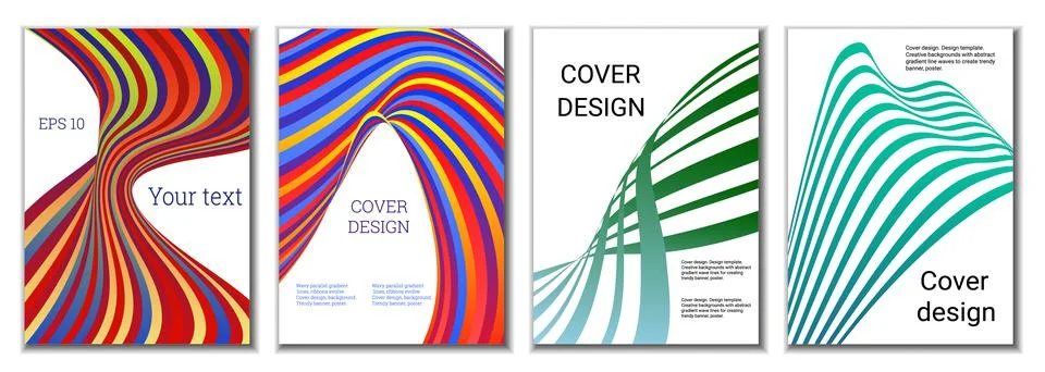 A set of 4 abstract covers. Wavy parallel gradient lines, ribbons evolve. Cov Stock Illustration