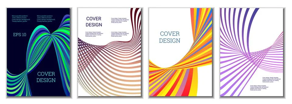 A set of 4 abstract covers. Wavy parallel gradient lines, ribbons evolve. Cov Иллюстрация
