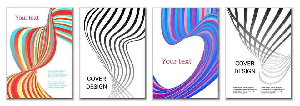 A set of 4 abstract covers. Wavy parallel gradient lines, ribbons evolve. Cov Иллюстрация