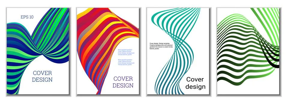 A set of 4 abstract covers. Wavy parallel gradient lines, ribbons evolve. Cov Stock Illustration