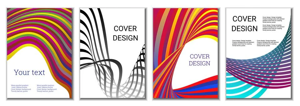 A set of 4 abstract covers. Wavy parallel gradient lines, ribbons evolve. Cov Stock Illustration