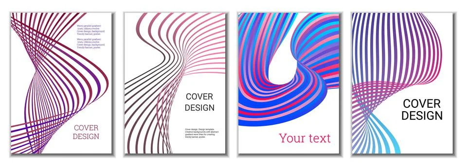 A set of 4 abstract covers. Wavy parallel gradient lines, ribbons evolve. Cov Stock Illustration