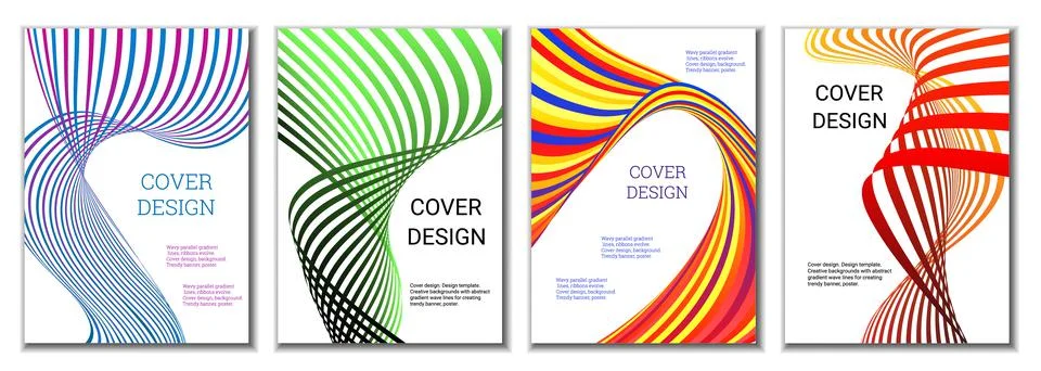 A set of 4 abstract covers. Wavy parallel gradient lines, ribbons evolve. Cov Stock Illustration